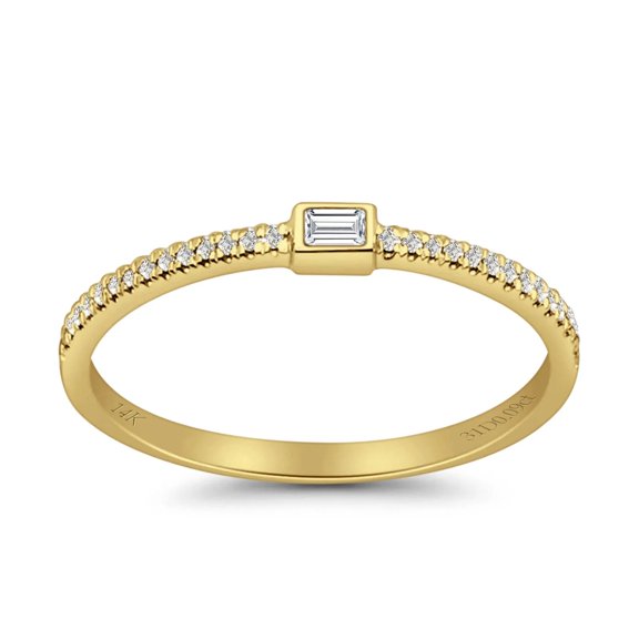 0.10 Carat Baguette Stackable Band Round Natural Diamond Ring 14K Yellow Gold