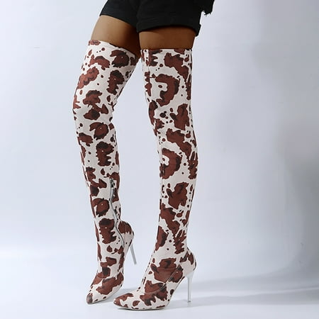 

Midewhik Women Cow Pattern Thin Heels Over The Knee High Tube Boots Pointed Toe Shoes