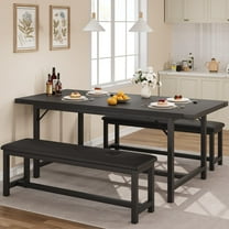 Kojooin Dining Table Set for 4-6, 63" Extendable Rustic Gray Dining Table with 2 Upholstered Benches