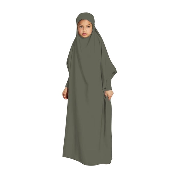 Kids Prayer Dress Muslim Clothes for Girls Long Sleeve Abaya with Hijab 2 Piece Maxi Islamic Set Scarf Kaftan Jilbab Army Green 8-9 Years
