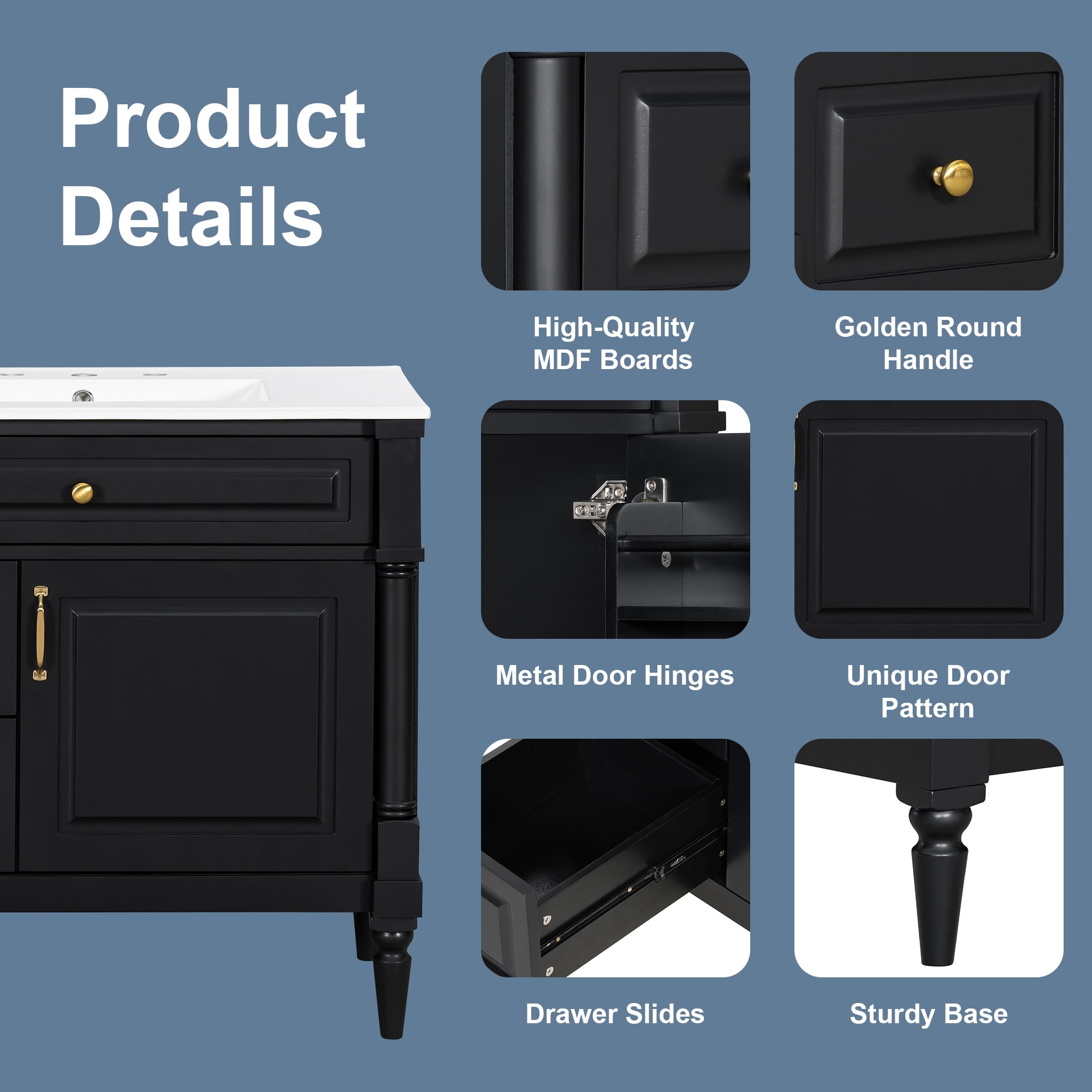Euroco 36" Bathroom Vanity with Sink, Freestanding Bathroom Cabinet with Ceramic Basin, Flip Drawer, Adjustable Shelf, Rubberwood Frame & MDF Panels, Metal Handles, Black Painted Finish