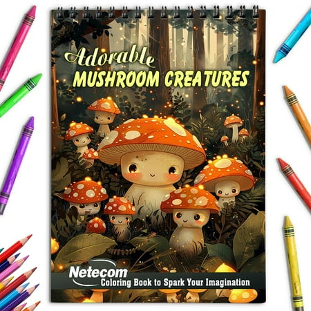 Netecom Adorable Mushroom Creatures Coloring Book for Adults Spiral Bound Soft Cover