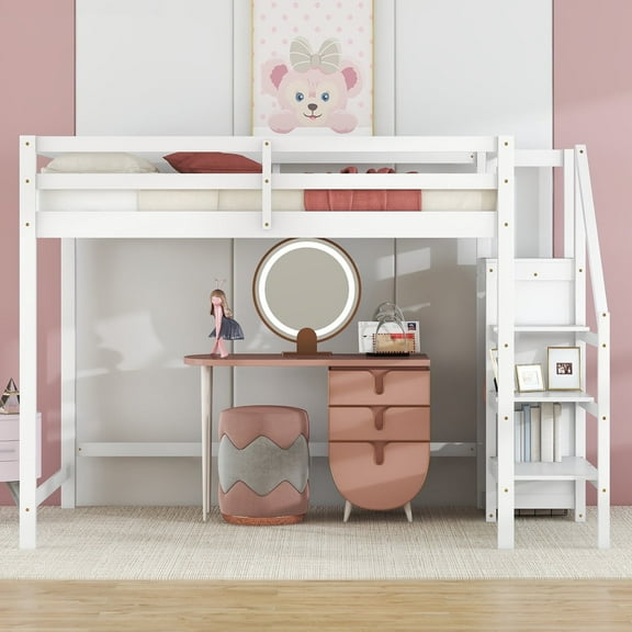 Bellemave Full Size Loft Bed with Storage Staircase Wooden Full Loft Bed Frame with Built-in Storage Wardrobe and Guardrails for Teens, No Box Spring Needed, White