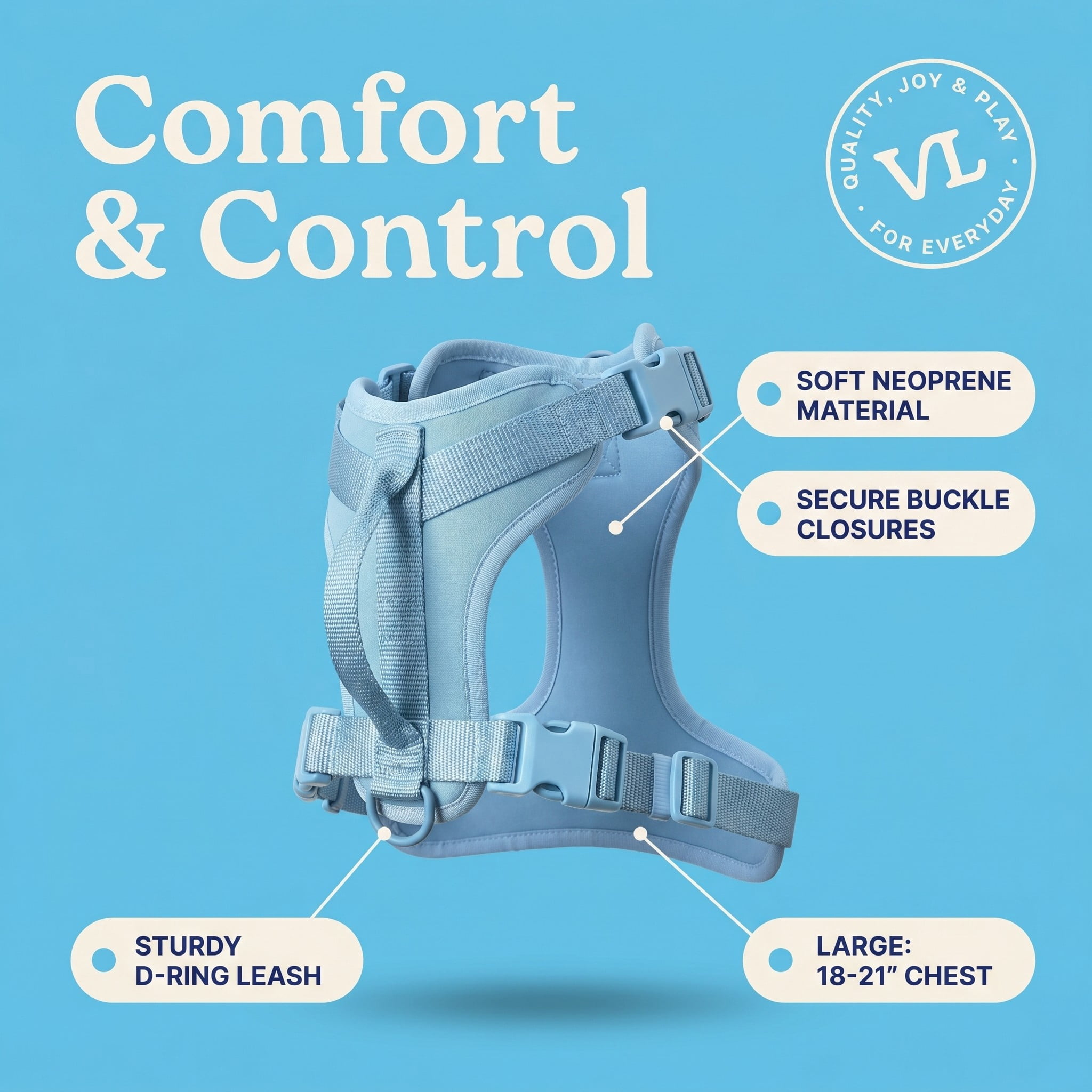 Vibrant Life Neoprene Comfort Control Dog Harness, Blue, Large