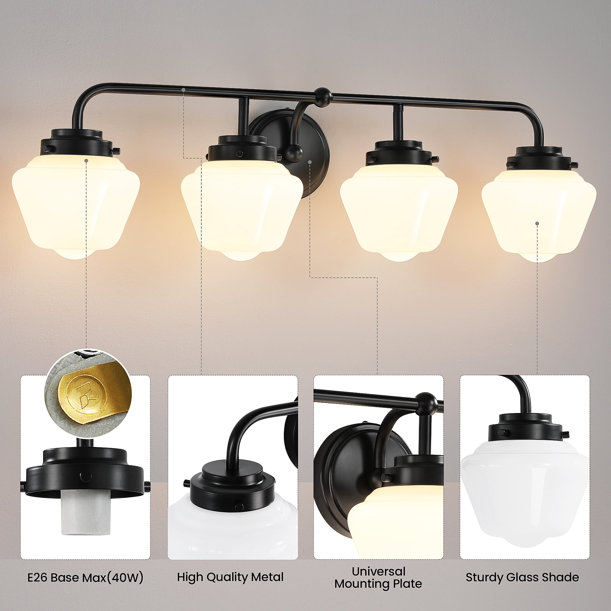 Bathroom Vanity Light Fixtures 4-Lights Black Vanity Lights Over Mirror, E26 40W Modern Bathroom Lighting Fixture with Milky White Glass for Bath Restroom
