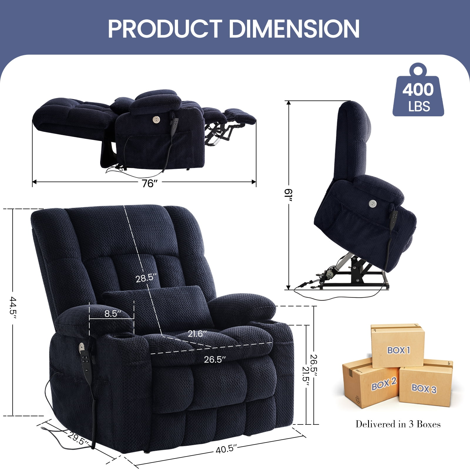 Oversized Power Lift Recliner Chair for Adults with Massage and Heat, Infinite Position Lay Flat Lift Chair for Elderly/Seniors, One-Touch Reset, USB&Type-C, Cup Holders, Lumbar Pillow, Blue