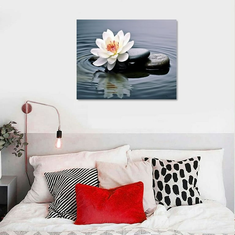 Large Lotus Flowers Wall Art Set - 3-Panel Grey Floral Canvas Prints In Natural Wood Float Frame (29" X 58")