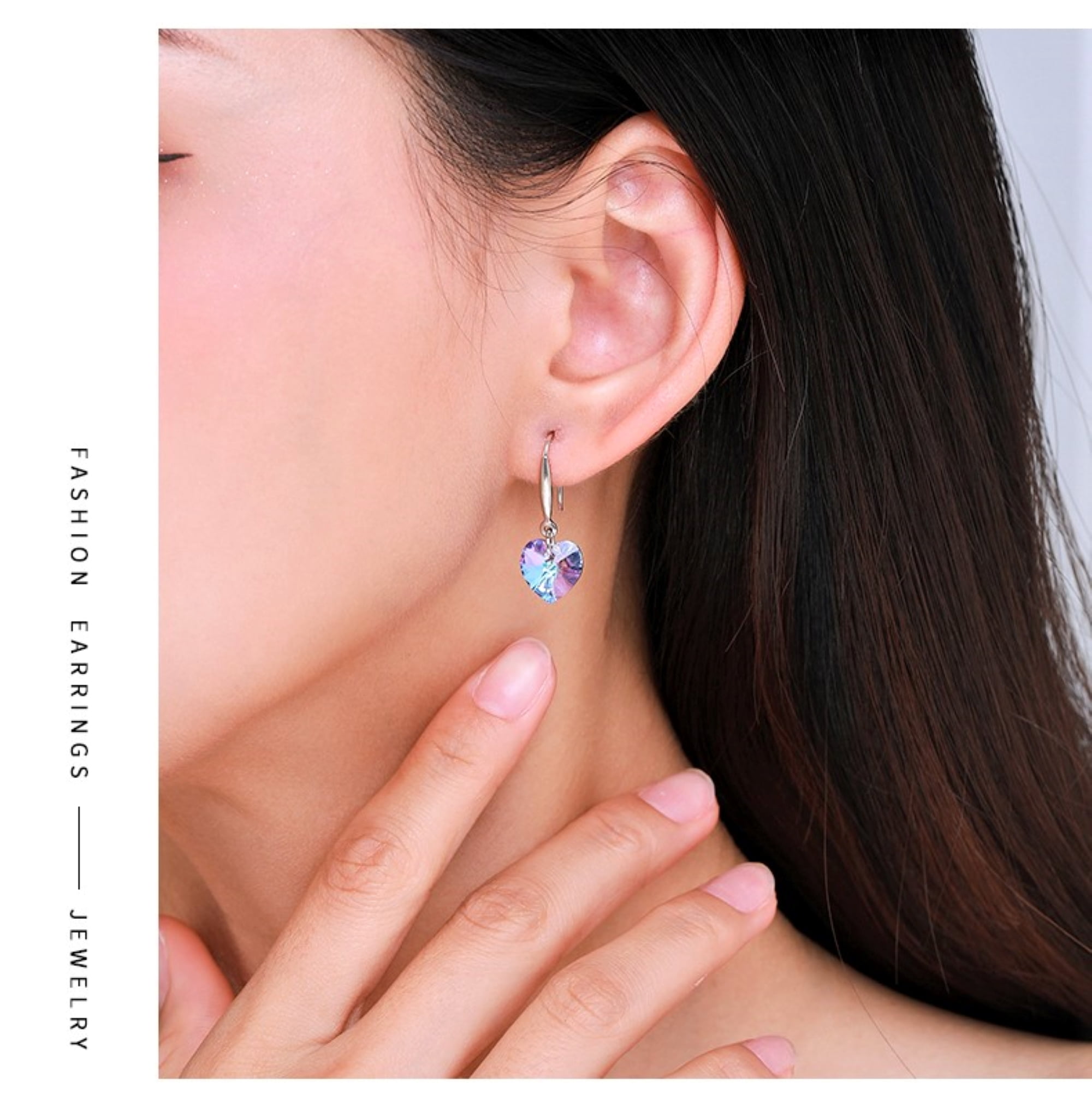 Bellitia Jewelry Crystal Heart Shape Drop Dangle Earrings for Women, Rose Gold/White Gold Plated 925 Sterling Silver Hook Hypoallergenic Jewelry