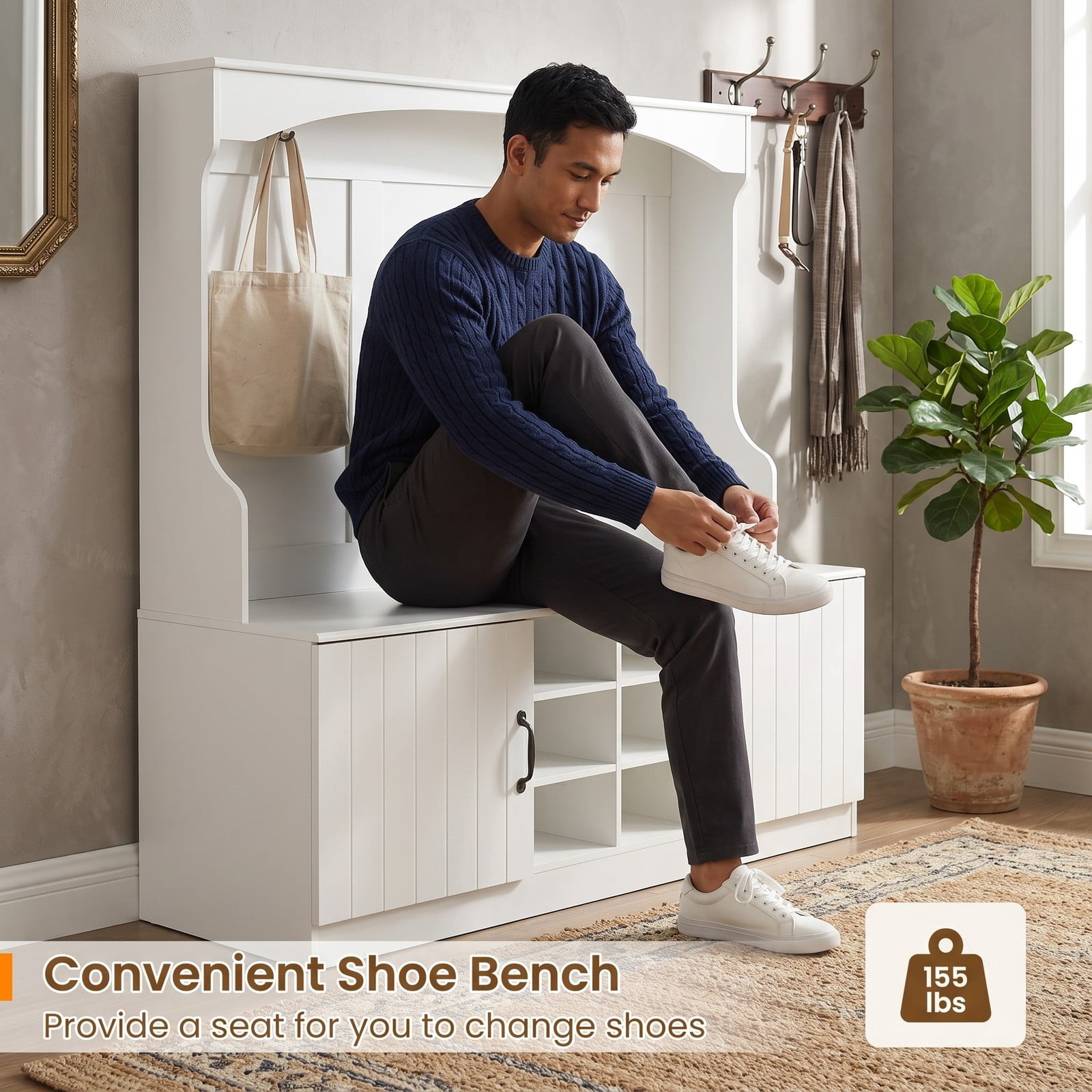 Furnibear 59 Inch Wide 6 in 1 Hall Tree with Bench Multiple Hooks and Shoe Cubby Storage for Mudroom Hallway and Bedroom, White