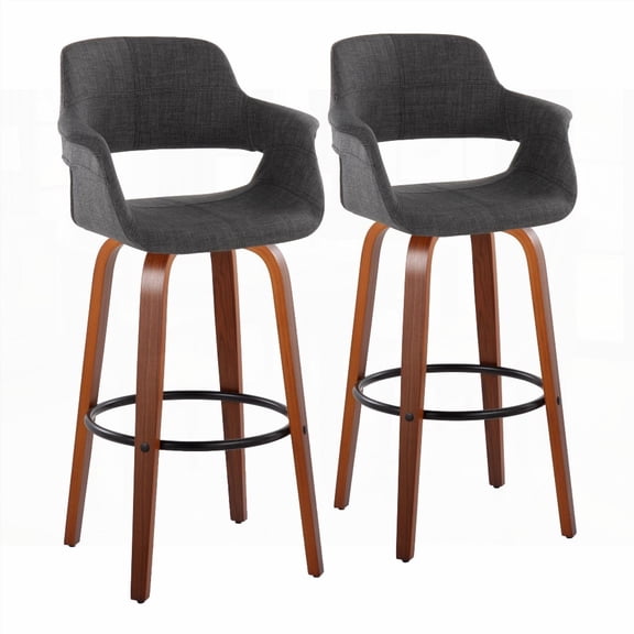 Vintage Flair 30" Mid-Century Modern 2-Pack Barstools with Walnut Wood & Charcoal Fabric & Round Black Metal Footrest