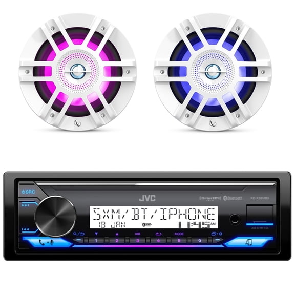JVC KD-X38MBS Single DIN Marine MotorSports Bluetooth USB AUX LED AM/FM Radio Stereo Receiver, 2x 6.5" 300 Watt Peak Power Premium 2-Way Coaxial RGB Speakers