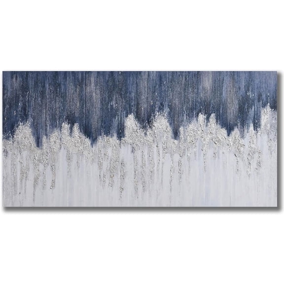 WFSposterBlue & Silver Canvas Wall Art, Hand Painted Abstract Oil Painting Wall Art on Canvas, Indigo Wall Picture Painting for Living Room Sofa Decoration