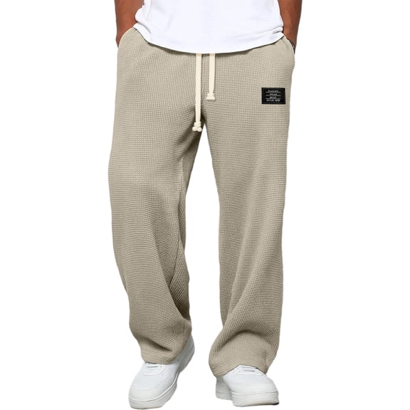 Fgvctg Baggy Sweatpants for Men Waffle Wide Leg Lounge Sweatpant Casual Baggy Elastic Waist Joggers Pants Loose Drawstring Trouser with Pockets Khaki L