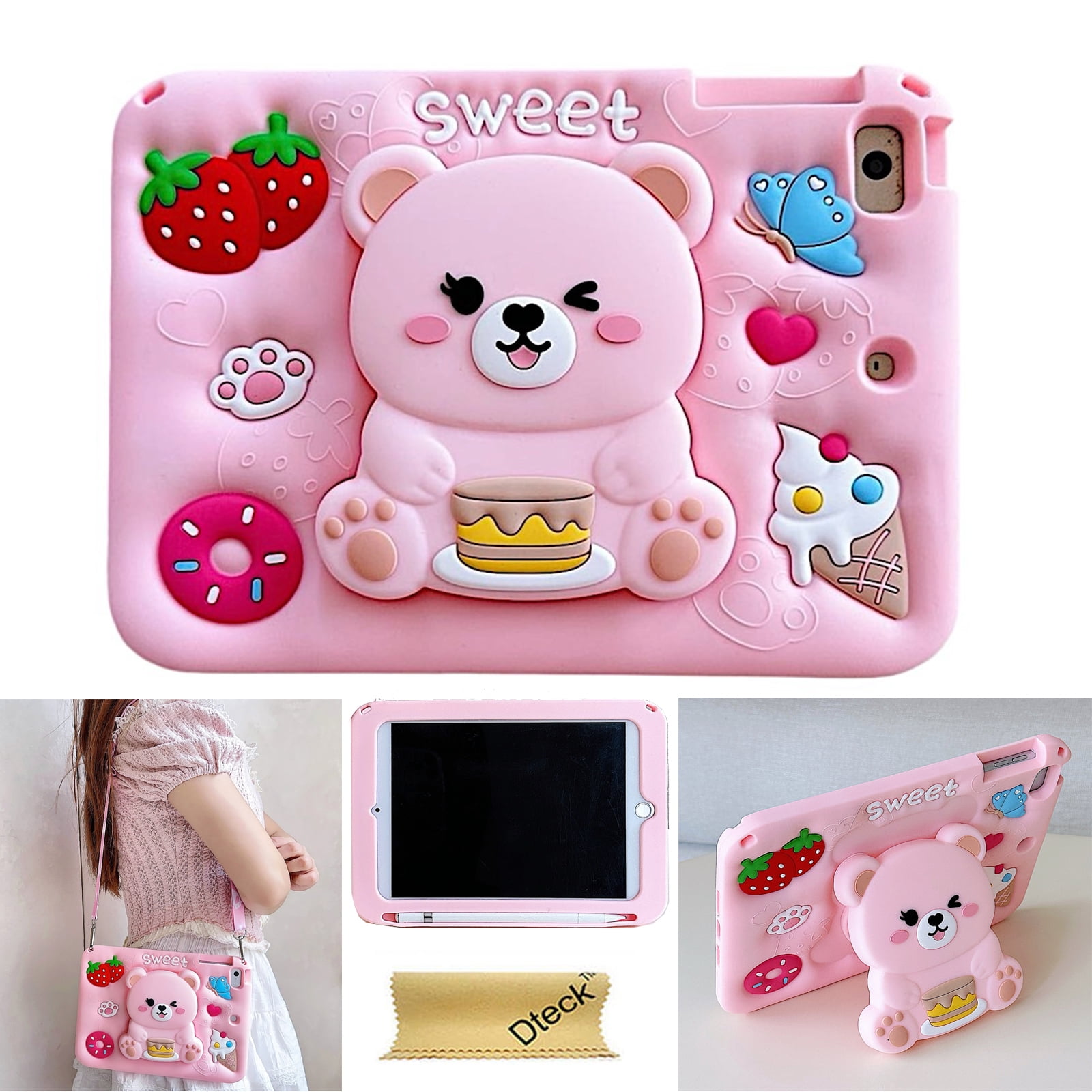 Dteck for iPad Mini 7th/6th Generation Case with Pencil Holder, Soft Silicone Cute Cartoon for 8.3 Inch iPad Mini with Shoulder Strap Foldable Stand for Kids Boys Girls,Pink Bear