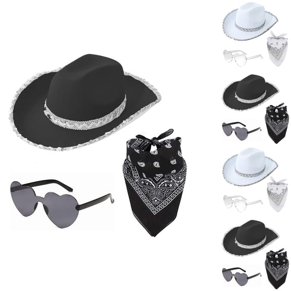 LILIYA Cowgirl Hat with Glasses & Bandana,3 Piece Set Cowboy Hat for Women, Wide Brim Western Sequins Hats Shapeable Jazz Cap for Cowboy Cowgirl