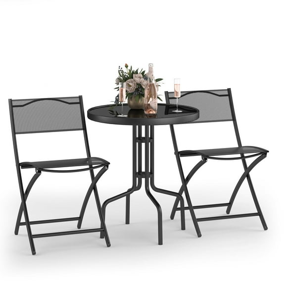 JWRWEF 3-Piece Bistro Set, Folding Outdoor Patio Table with 2 Chairs, Garden Balcony Furniture, Metal Frame with Tempered Glass Table Top – Black