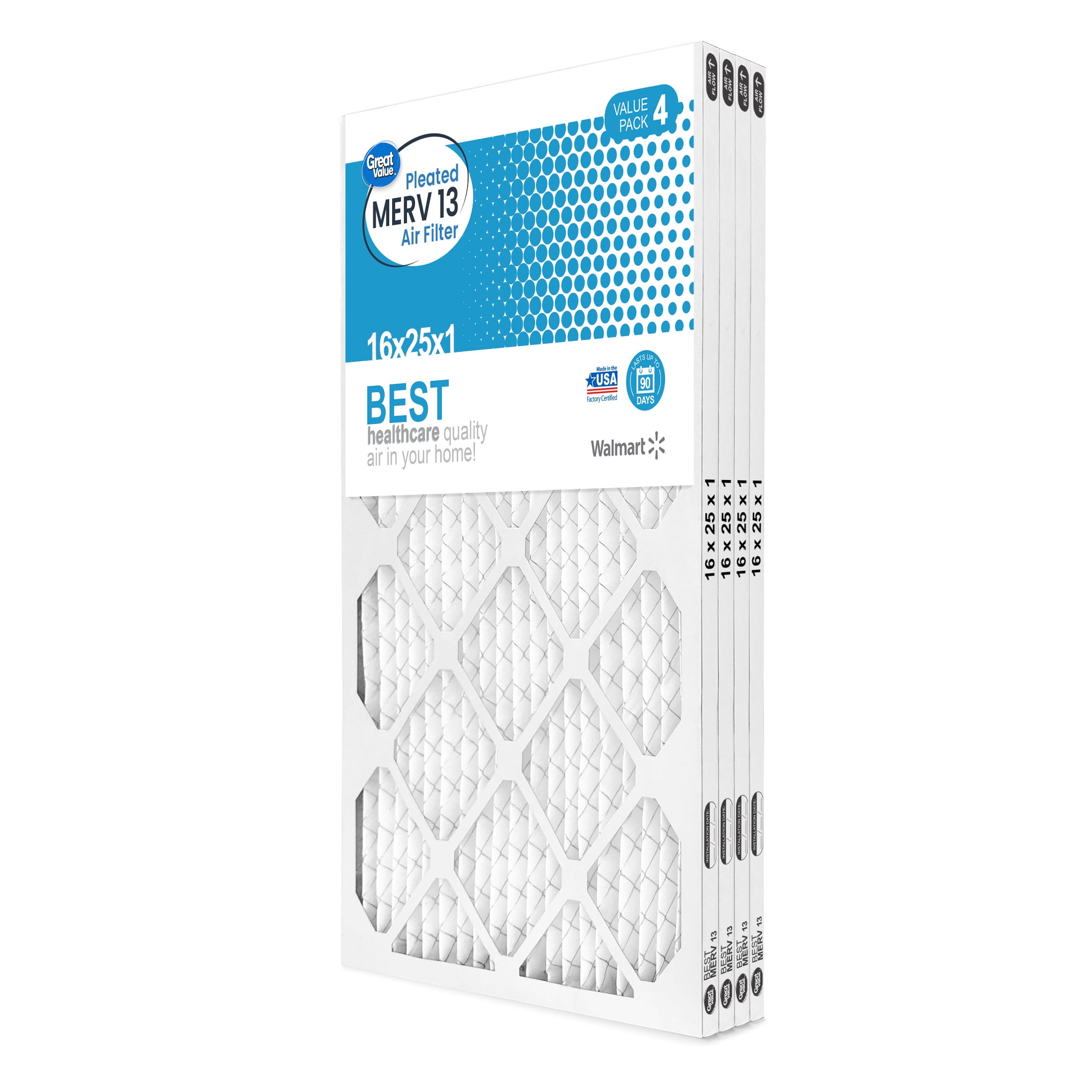 Great Value; 16x25x1; MERV 13 BEST HVAC Air and Furnace Filter; Captures Dust; 4 Filters