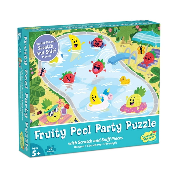 Peaceable Kingdom Scratch & Sniff Puzzles, Fruity Pool Party, 77pc Sensory Puzzle for Kids Ages 5 & up, Banana, Strawberry & Pineapple scents, Great for classrooms