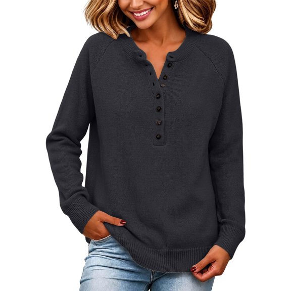 Edvintorg Sweaters for Women Casual Loose Button Knit Sweater Long Sleeve Crew Neck Pullover Top Plus Size Clothes for Women Black M