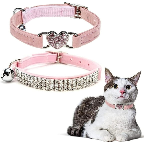 Minzimin  Pack of 2 Diamond Cat Collar,Adjustable Soft Velvet Leather Safe Kitten Collar with Shiny Rhinestones and Bells,Girl Boy Bling Cat Collars with Safety Elastic for Small Medium Cats