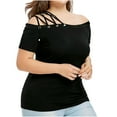 thumbnail image 2 of Mittory Plus Size Blouses for Women One Shoulder Strap Bandage Off Shoulder Short Sleeve Tops Solid Tight T-Shirts, 2 of 8