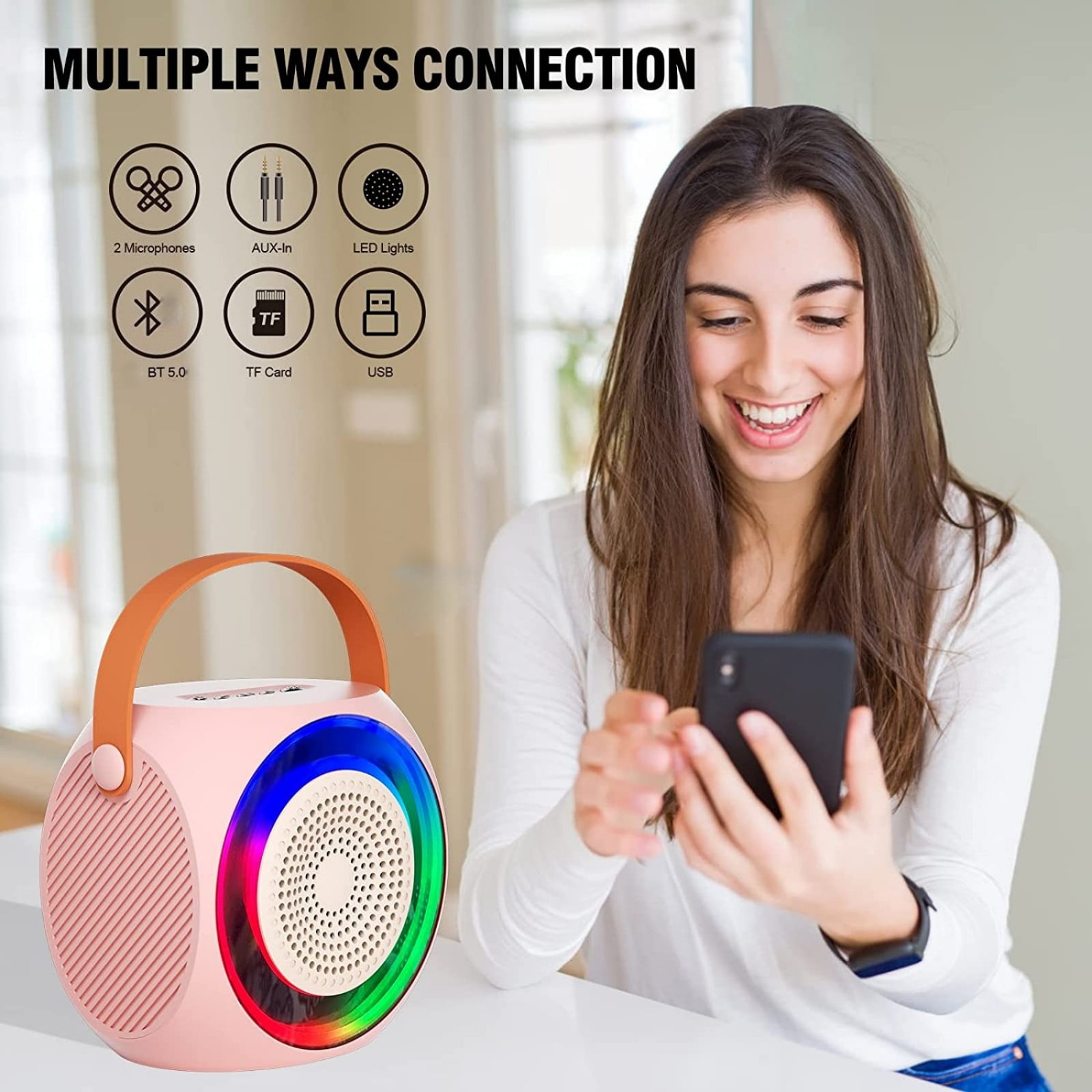 Mini Karaoke Machine, Portable Wireless Speaker with 2 Wireless Microphones, Compatible with Bluetooth-Enabled Devices, for Children and Adults, with LED Lights.-Pink