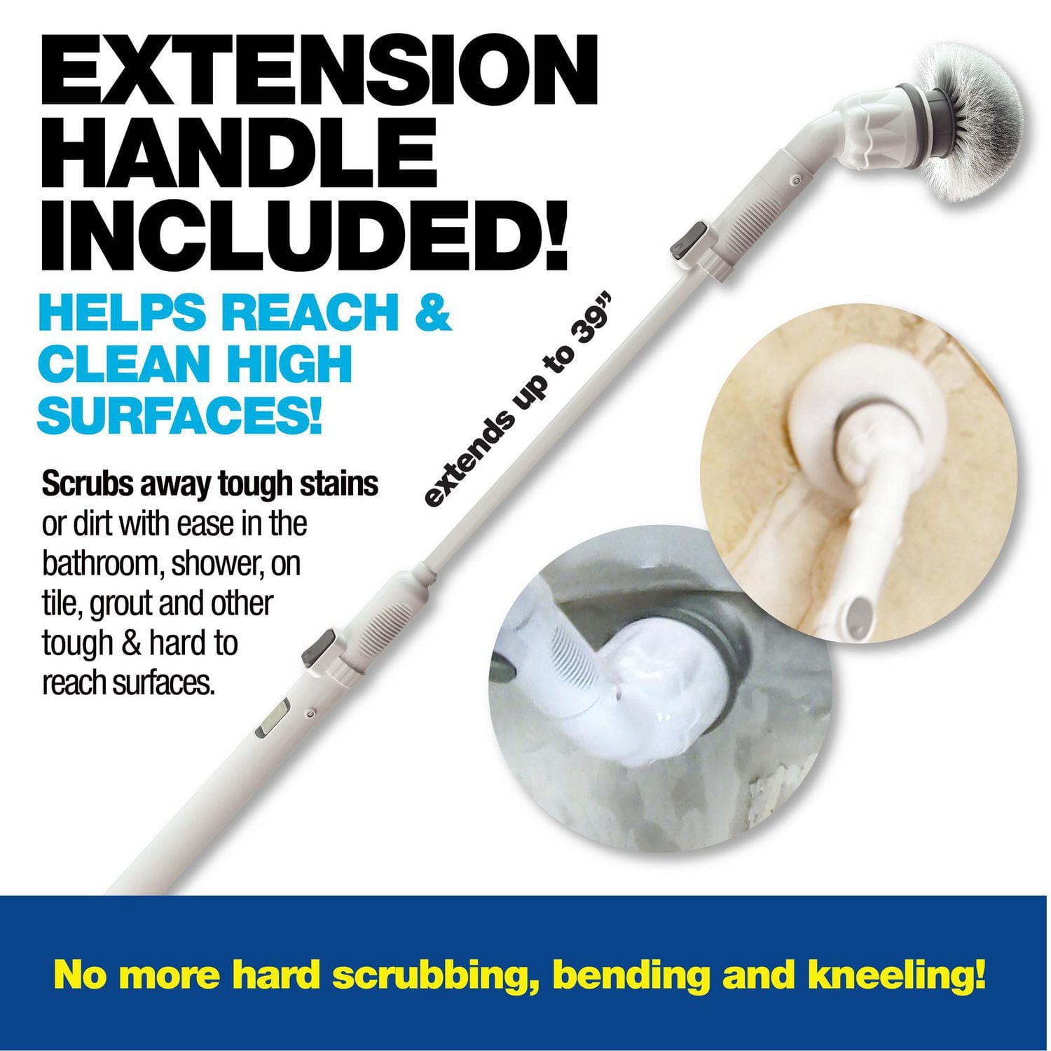 Bell + Howell Scrubtastic Rechargeable Power Scrubber with Extension Handle and 3 Brush Heads for Bathroom, Tile, and Kitchen Cleaning