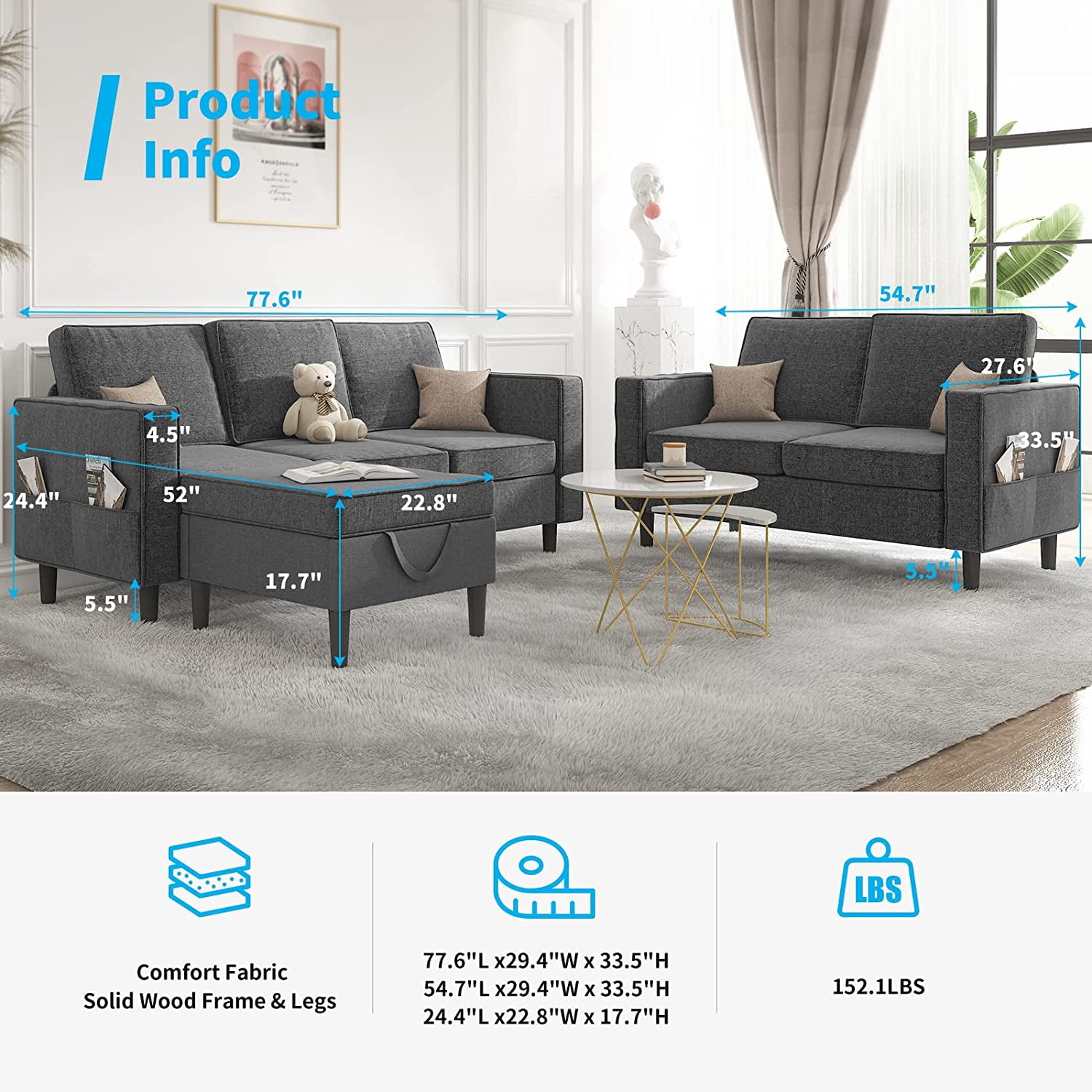 Mjkone Convertible Sectional Sofa Couch with Storage Ottoman, 3 Pcs Couch Set with Storage Pockets, Sectional Couches for Living Room, 3-Seater + Ottoman + 1-Loveseat (Dark Grey)