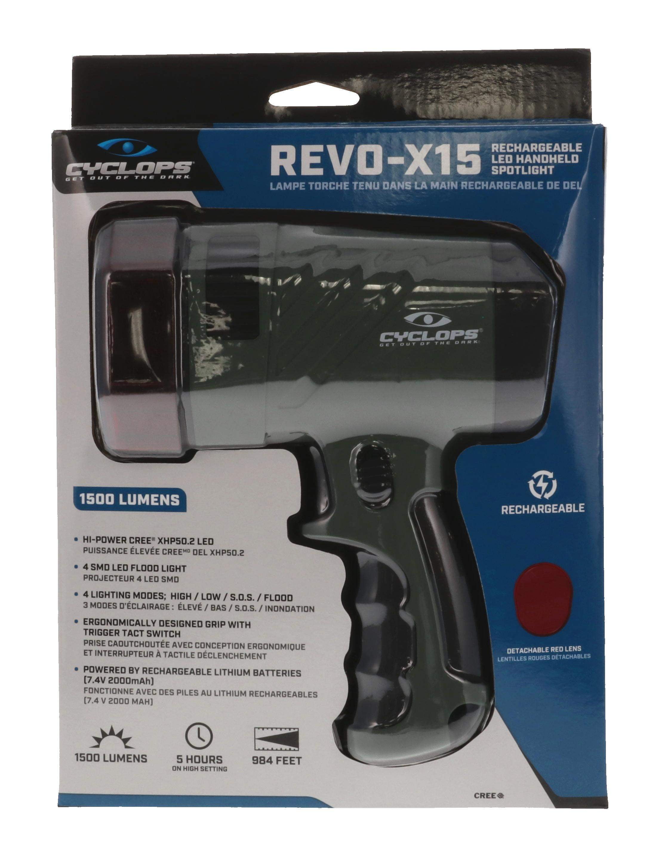 CYCLOPS REVO X-15 1500 Lumens Lighweight 4 Lighting Modes Rechargeable LED Handheld Spotlight | Emergency Whistle on lanyard & Detachable Red Lens Included