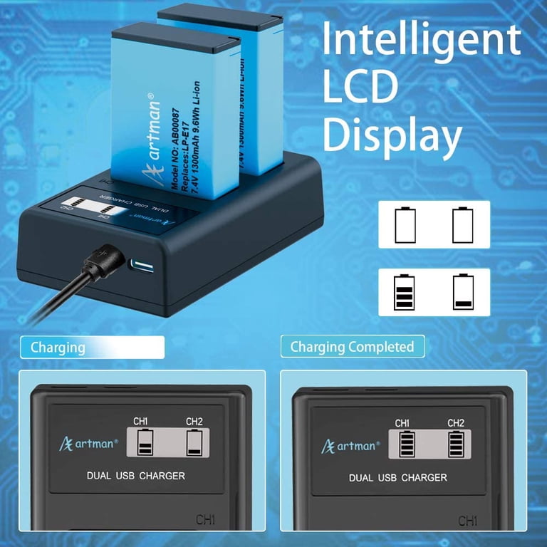 DuraPro Lot 2 Batteries LP-E17 + Double Chargeur LCD USB-C – Compatible Canon EOS 200D 750D 800D M50 Etc.