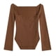 thumbnail image 1 of Blusa de punto de manga larga sin tirantes con dobladillo irregular marrón para fiestas y compras, talla M, 1 of 3
