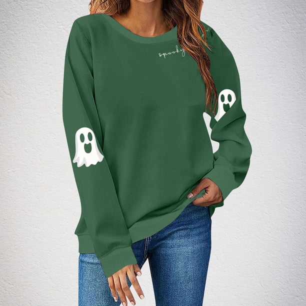 Ailaofu Women's Ghost Skull Crop Sweatshirt Fall Halloween Long Sleeve Pullover Spooky Season Sweatshirt