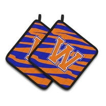Carolines Treasures CJ1023-WPTHD Letter W Initial Tiger Stripe - Blue Orange Pair of Pot Holders, 7.5HX7.5W, multicolor