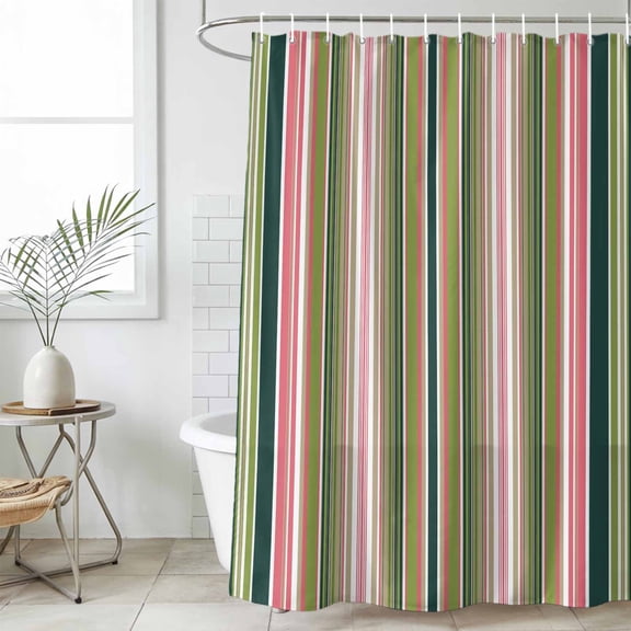 Colorful Striped Waterproof Fabric Shower Curtain,Sage Green Pink White Vertical Lines Waterproof Fabric Shower Curtain for Bathroom Curtains Bathtubs Shower Curtains with 12 Hooks Standard 66x72
