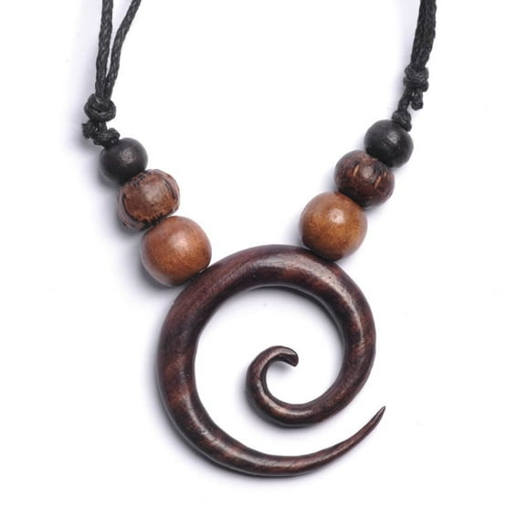 81stgeneration Brown Natural Wood Round Spiral Pendant - Boho Wooden Bead Necklace - Black Choker - Adjustable Pendant Necklace for Men and Women - Spiritual Ladies Gifts - Handmade Necklaces