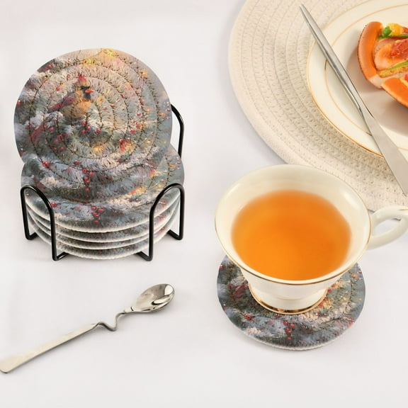 YAZAOO 6Pcs Drink Coasters With Holder 3.94Inch Cardinal in A Winter Wonderland Creative Coil Coaster Coasters Colors Absorbent Coasters for Drinks Coasters Set Thicken Heat for Home Table