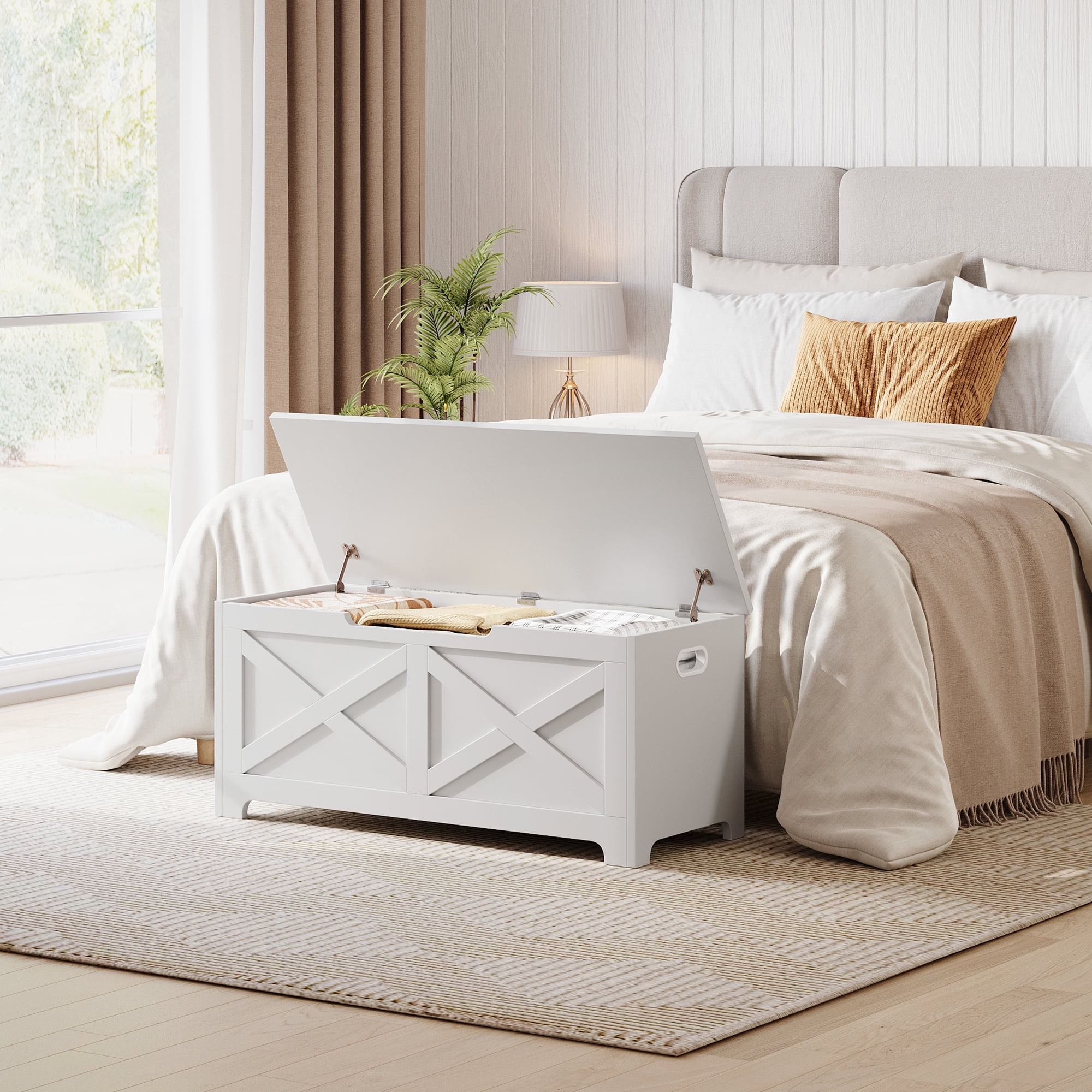 M optimized White Storage Chest, Storage Bench with Safety Hinge, Farmhouse Style Wooden Toy Chest for Entryway, Bedroom, Living Room