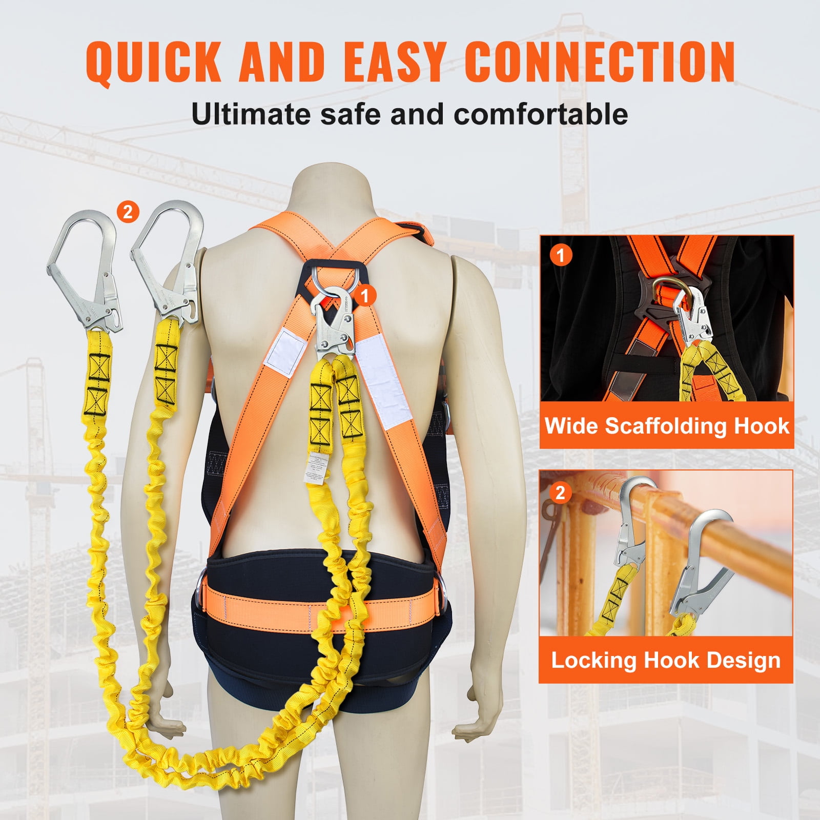 KFFKFF 38mm Protective Lanyard, 6ft Safety Cord with Dual Alloy Snap Hooks, Flexible Security Strap for Tree Climbing, Indoor/Outdoor Use, 38KN Tensile Strength, Yellow