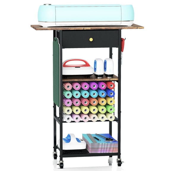 Rolling Craft Storage Table with 30 Vinyl Roll Holder and Drawer, Craft Storage Organizer Compatible with Cricut Machine, Mobile Craft Storage Cabinet Workstation for Craft Room Home (Black)