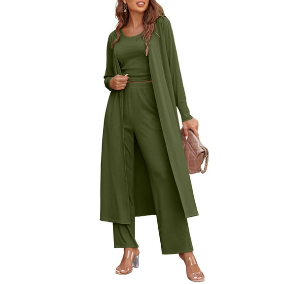 Ekouaer Women's Pajama Sets 3 Piece Lounge Set Long Sleeve Cardigan Sleeveless Top Pants Sweatsuit