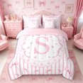 thumbnail image 3 of Meiyoeat Watercolor Letter S Print Full Size Bedding Sets 7 Pieces, Cute Stripes Bow Pattern Full Size Bed in a Bag, Pink White,Pink Reversible, 3 of 6