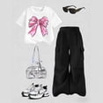 thumbnail image 3 of Grblisyd Girls Summer Outfits 2 Piece Cute Bow Print T-Shirt Tops and Cargo Pants Summer Outfits Kids 8-12Y, 3 of 3