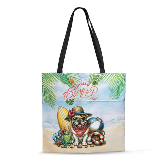 Bulldog Hello Summer with Sunglasses and Surfboard Tropical Vibes All Over Print 3D Canvas Tote Bag Dog Lover Gifts Idea Reusable Handbag - 00007