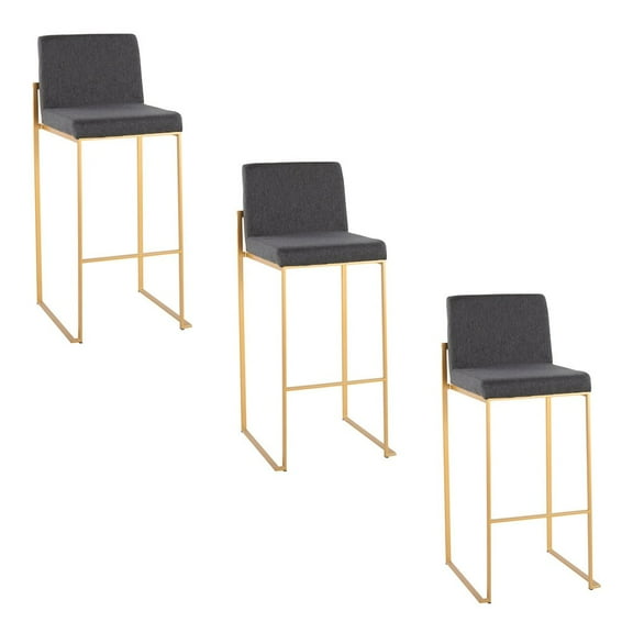 LumiSource Fuji High Back 30" Fixed-Height Barstool - Set of 3 in Gold Steel