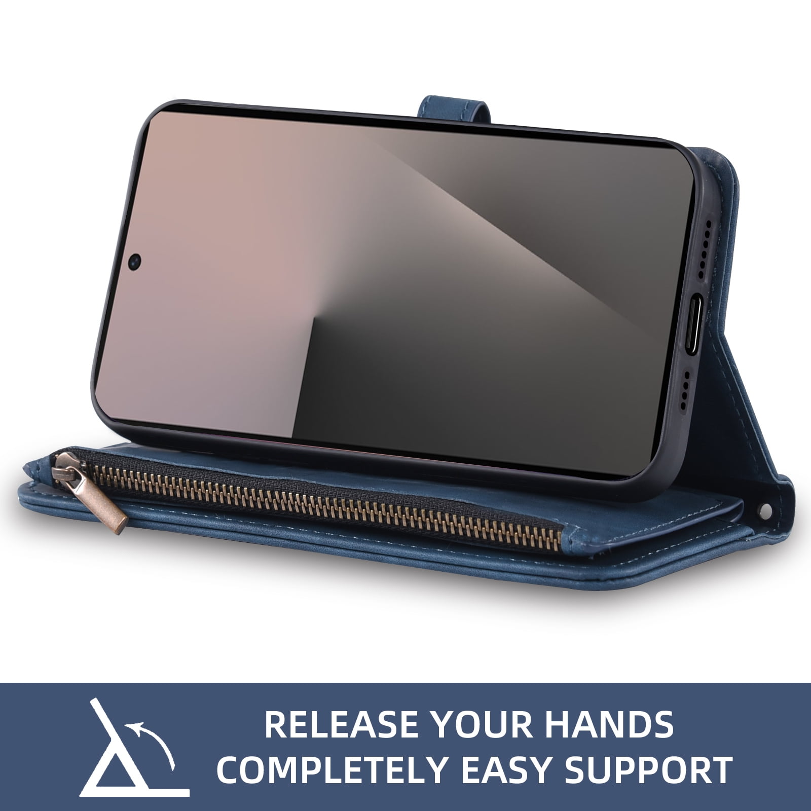 Asuwish Phone Case for Samsung Galaxy Z Fold 7 Wallet Cover Crossbody Wrist Strap Flip Pattern Zipper Credit Card Holder Stand Cell ZFold Z7 G Fold7 7Z Women Blue