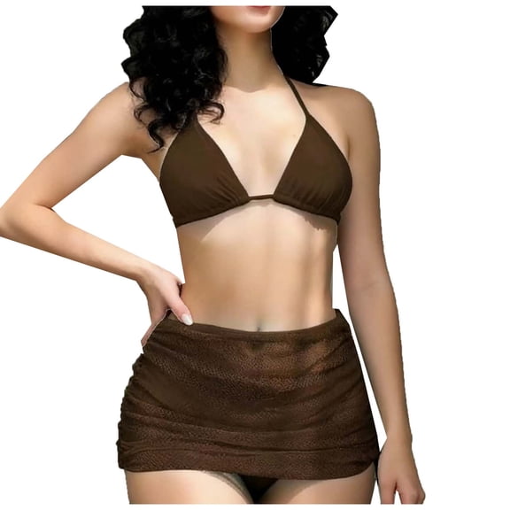 Efsteb Womens Bikini Swimsuits Crinkle Side Tie Bikini Solid Color Swimwear Beachwear Mid Waisted Bathing Suit Surfing (Coffee,S)