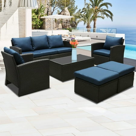 Superjoe 8 Pcs Patio Furniture Set Wicker Outdoor Sectional Sofa with Coffee Table and Ottomans Blue