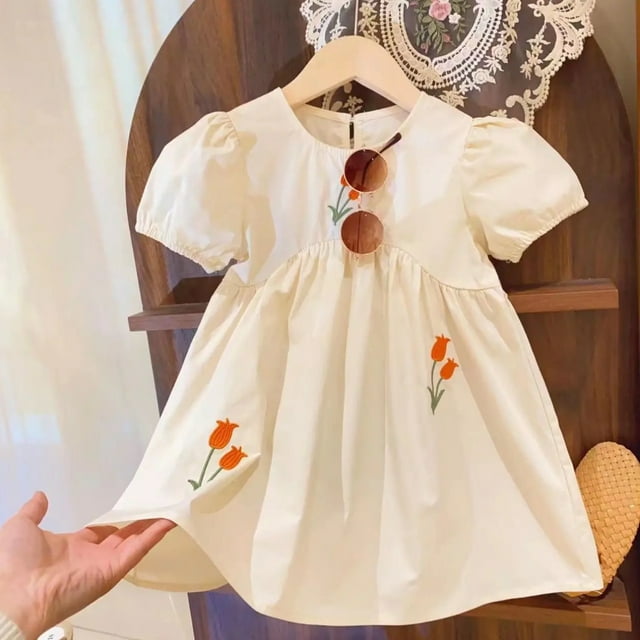 Vestido de manga abullonada hueca para niñas, vestido de verano de manga corta con encaje para niños