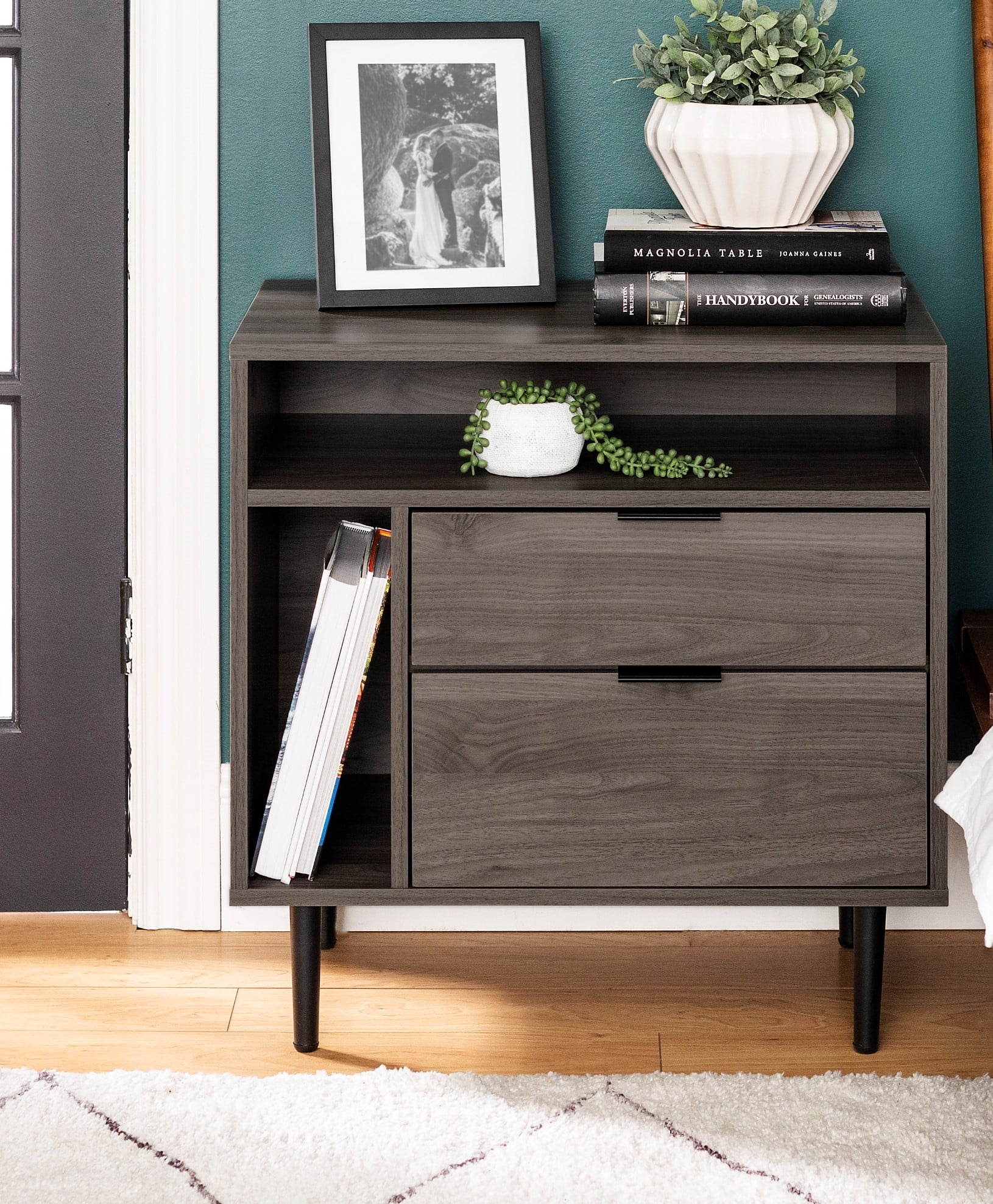 Slate Grey Modern End Table with Drawers and Shelves by Manor Park