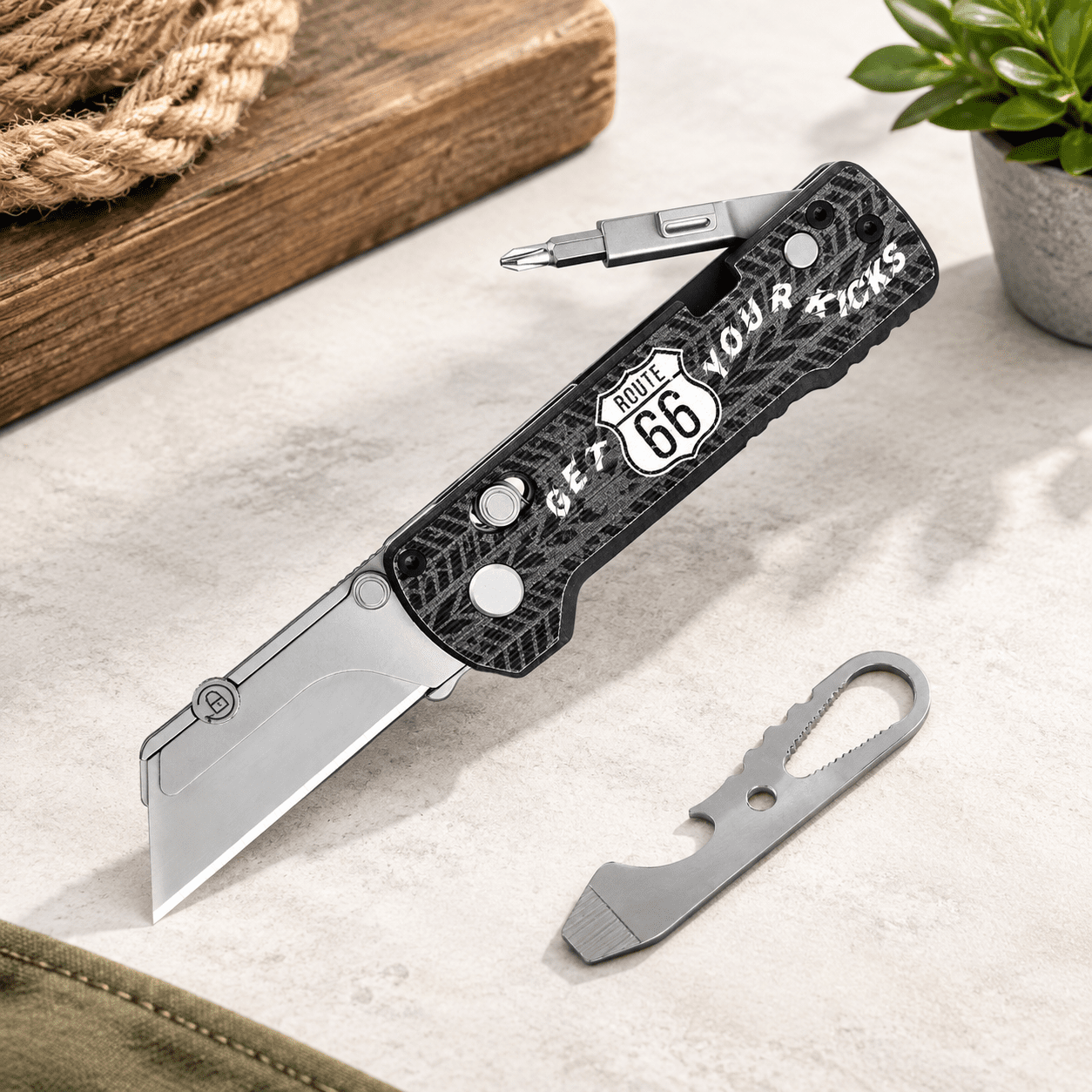 U1 Pro Folding Multitool Utility with Quick Change Rail Lock and Pocket Clip Route 66 (Black)